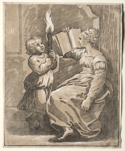 Sibila leyendo con un niño sosteniendo una antorcha, 1518-27 de Ugo da Carpi