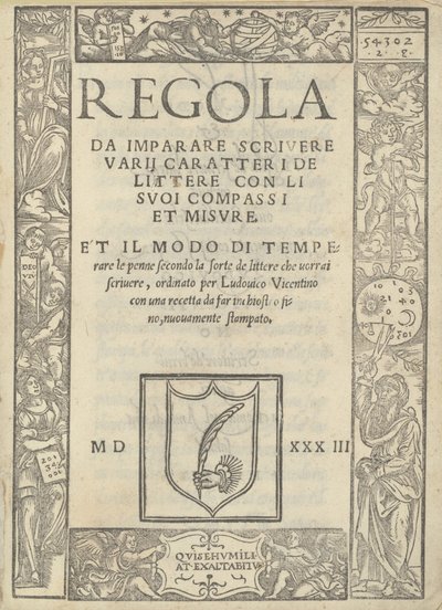 Regla para aprender a escribir varios caracteres de letras con sus compases y medidas: y la forma de templar las plumas de Ugo da Carpi, Ludovico Arrighi