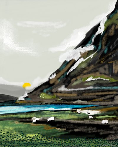 Paisaje tranquilo con ovejas en la montaña de Uma Gokhale