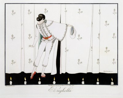 Brighella, de la edición "Máscaras y personajes del teatro italiano" de Le Journal des Dames et des Modes, grabado por Henri Reidel (fl.1914-20) 1914 (litografía en color) de Umberto (after) Brunelleschi