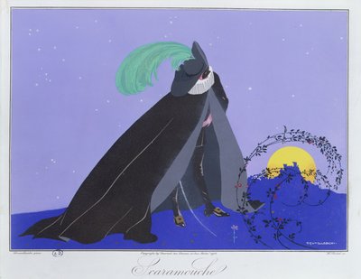 Scaramouche, de la edición "Máscaras y personajes del teatro italiano" de "Le Journal des Dames et des Modes", grabado por Henri Reidel (fl.1914-20) 1914 (litografía en color) de Umberto (after) Brunelleschi