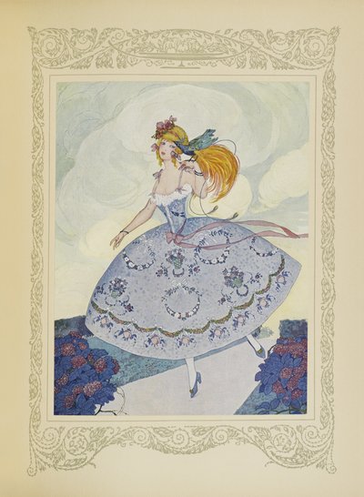 Chéri volaba en el hombro de Zelie, que estaba encantada con la dulzura de este animalito, ilustración de "Contes du Temps Jadis", o "Cuentos de tiempos pasados", p.114 de Umberto Brunelleschi