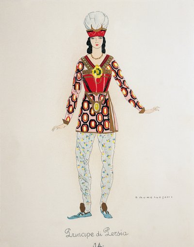 Traje del Príncipe de Persia de Turandot de Giacomo Puccini, boceto de Umberto Brunelleschi (1879-1949) para el estreno de la ópera en el Teatro alla Scala de Milán, 25 de abril de Umberto Brunelleschi