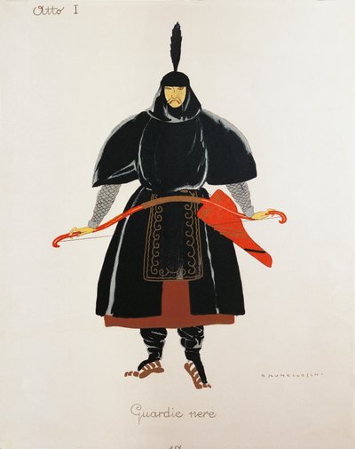 Traje de los guardias negros de Turandot de Giacomo Puccini, boceto de Umberto Brunelleschi (1879-1949) para la primera representación de la ópera en el Teatro alla Scala de Milán, 25 de abril de Umberto Brunelleschi