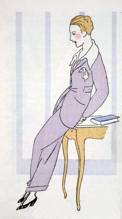 Elegante con un traje pantalón en Venecia (estampado pochoir) de Umberto Brunelleschi