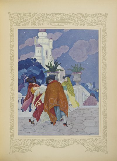 Cuatro hombres enmascarados la llevaron a la cima de la torre, ilustración de "Contes du Temps Jadis", o "Cuentos de tiempos pasados", p.22 de Umberto Brunelleschi