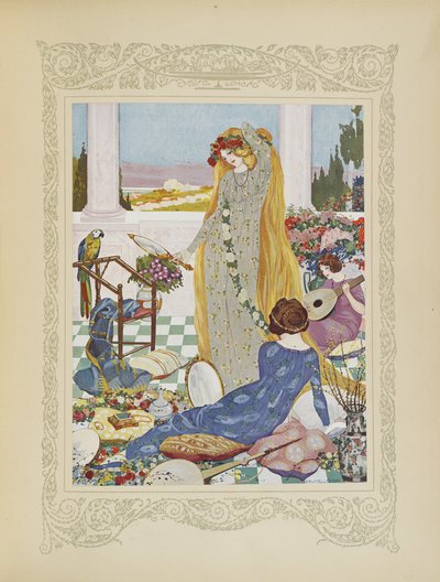 Aquí todas las mujeres estaban ansiosas por vestirse como una reina, ilustración de "Contes du Temps Jadis", o "Cuentos de tiempos pasados", p.18 de Umberto Brunelleschi