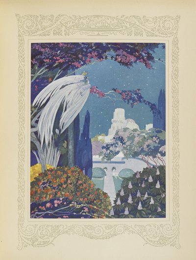Sin embargo, el hermoso pájaro azul nunca dejó de rondar el palacio, ilustración de "Contes du Temps Jadis", o "Cuentos de tiempos pasados", p.32 de Umberto Brunelleschi