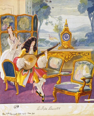 Escena al estilo de Luis XIV, escenario teatral, acuarela de Umberto Brunelleschi