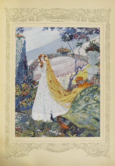 Siempre cubría su cabello rizado con una corona de flores en la cabeza, ilustración de "Contes du Temps Jadis", o "Cuentos de tiempos pasados", p.10 de Umberto Brunelleschi