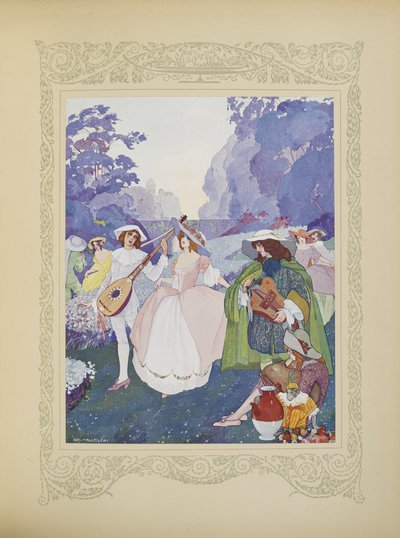 Había pastores y pastoras bailando al son de las flautas y las gaitas, ilustración de "Contes du Temps Jadis", o "Cuentos de tiempos pasados", p.74 de Umberto Brunelleschi