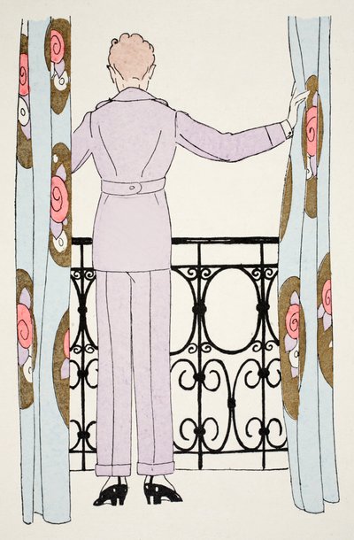 Mujer con traje de pantalón en la ventana (impresión de pochoir) de Umberto Brunelleschi