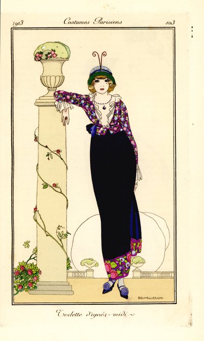 Mujer con traje de tarde apoyada en una columna de Umberto Brunelleschi