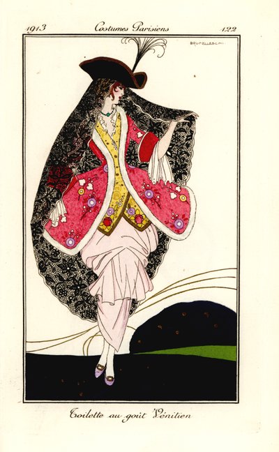 Mujer con traje de moda al gusto veneciano de Umberto Brunelleschi