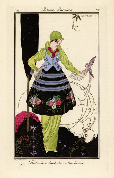 Mujer con vestido verde guisante y falda de raso bordada. de Umberto Brunelleschi
