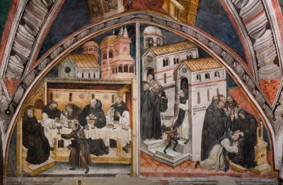 Episodios de la vida de San Benito de Nursia: a la izquierda el ataque de los monjes de Vicovaro que intentan envenenar a San Benito, este rompe milagrosamente la copa que contiene el veneno, a la derecha San Benito reprende a un monje con acedia de Umbrian School