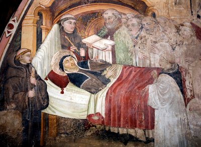 La muerte de Santa Escolástica, rodeada de monjes benedictinos de Umbrian School