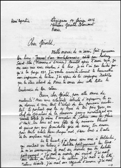 16534N CARTAS DE RENE DEPESTRE UNA PÁGINA 1 SOBRE SU LIBRO JOURNAL D