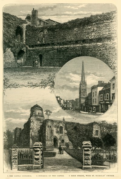 1. El exterior del castillo. 2. Interior del castillo. 3. Calle High, con la iglesia de San Nicolás, 1898 de Unbekannt