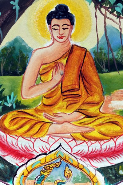 Templo budista Wat Inpeng. Pintura que representa la historia de la vida de Shakyamuni Buda. El Buda enseñando representa un momento particular en la vida del Buda, a saber, el primer sermón que dio después de alcanzar la Iluminación de Unbekannt