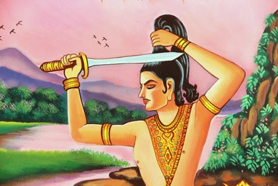 20151029, Vientián, Laos: Templo budista Wat Si Muang (Simuong). Pintura que representa la historia de la vida de Buda Shakyamuni. El futuro Buda se afeita el cabello para convertirse en monje de Unbekannt