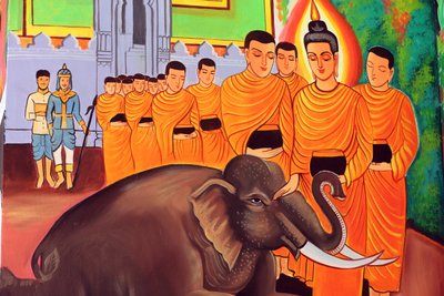 Templo budista Wat Si Muang. Pintura que representa la historia de la vida de Shakyamuni Buda. Un elefante salvaje domesticado por la bondad amorosa de Unbekannt