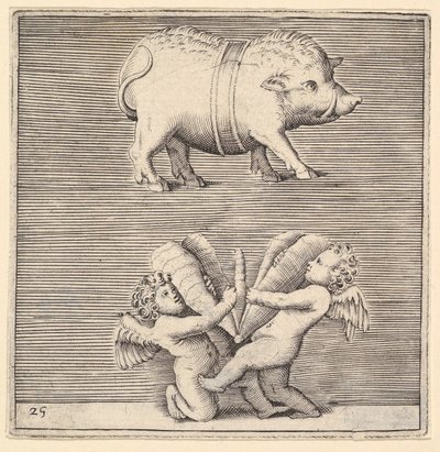Un cerdo con cinturón y dos cupidos o genios con una mariposa o polilla, publicado ca. 1599-1622 de Unbekannt
