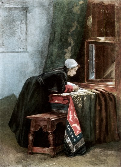 Una mujer holandesa cortando tela, 1889 de Unbekannt