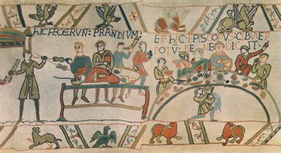 Un banquete (detalle) del Tapiz de Bayeux, finales del siglo XI, 1944 de Unbekannt