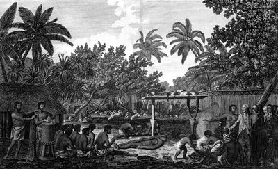 Un sacrificio humano en un Morai, en Otaheite, en presencia del Capitán Cook, c1773 de Unbekannt