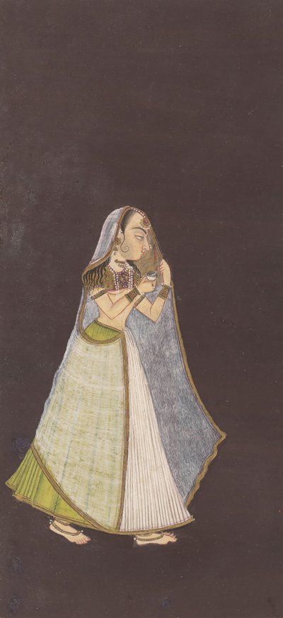 Una dama caminando de noche sosteniendo una lámpara de aceite, ca. 1725 de Unbekannt