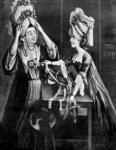 Una tienda de sombrerera, la esposa del carnicero Sra. Monopolize comprando un tocado moderno, 1772 de Unbekannt