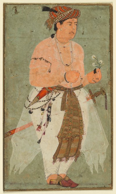 Un príncipe mogol, quizás Danyal, sosteniendo una ramita de flores, c. 1580-1590 de Unbekannt