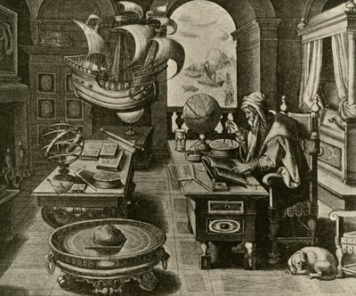Un experto en navegación trabajando en su estudio con globo y compás, c. 1591, 1928 de Unbekannt