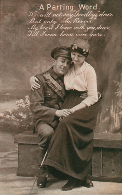 Una Palabra de Despedida, postal romántica con un soldado y su amada de Unbekannt