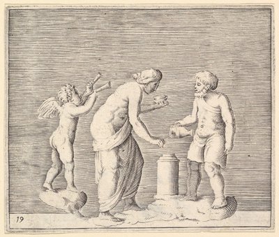 Una mujer y un hombre sacrificando en presencia de Cupido, publicado ca. 1599-1622 de Unbekannt