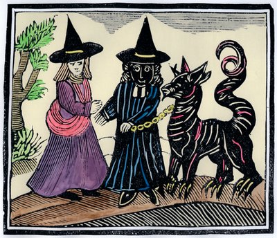 Una bruja negra y una bruja blanca con un animal demonio de Unbekannt