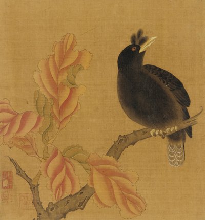 Un mirlo en una rama, hojas de otoño, dinastía Qing, siglo XVIII de Unbekannt