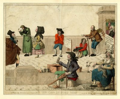 Una esquina del Pont Neuf, París, con mendigos cojos y vendedores ambulantes, ca 1813 de Unbekannt