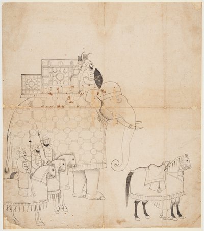 Un dibujo de elefante y caballos enjaezados, c. 1760 de Unbekannt
