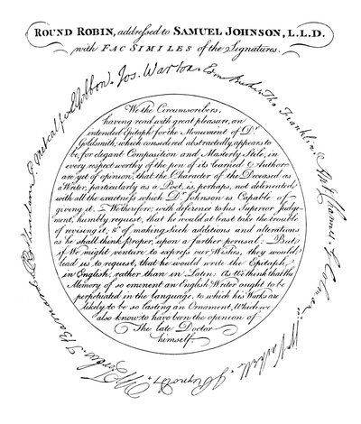 Facsímil de la placa en la primera edición de la Vida de Johnson de Boswell de Unbekannt