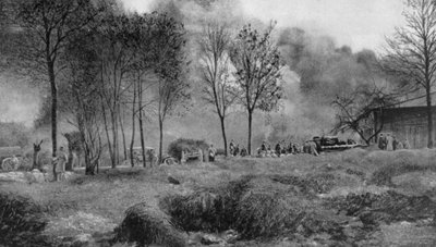 Una granja en llamas por bombas incendiarias alemanas, Artois, Francia, Primera Guerra Mundial, 1915 de Unbekannt