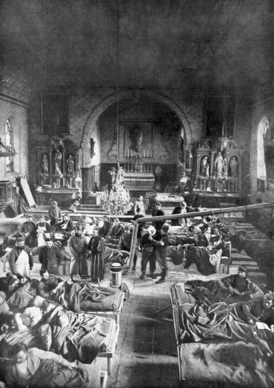 Una estación de campo en el frente, en la nave de una iglesia rural, Primera Guerra Mundial de Unbekannt