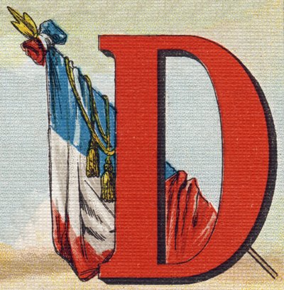 Una bandera. Grabado en "Alphabet de ma petite fille". Bernardin-Bechet y Fils, libreros-editores, París, alrededor de 1895. Álbum inquebrantable sobre lienzo. Bibliothèque des Bébés. 12 páginas. Álbum que contiene un método de lectura y un abecedario ilus de Unbekannt