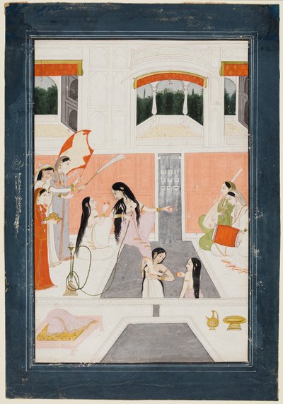 Una dama en su tocador escucha música al lado de una cascada de agua del palacio, c. 1780 de Unbekannt