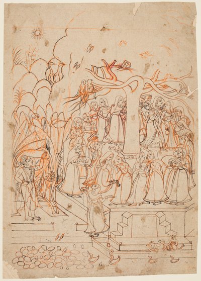Una hoja de una serie Baramasa: el mes Jyestha mayo-junio, Krishna observa a las Gopis..., c. 1760 de Unbekannt