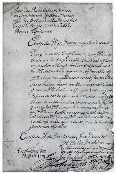 Una carta de la Compañía Holandesa de las Indias Orientales a Willem Adriaan van der Stel, siglo XVIII de Unbekannt