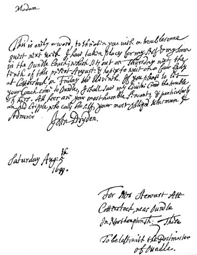 Una carta escrita por John Dryden 1631-1700, poeta inglés, 1699 1840 de Unbekannt