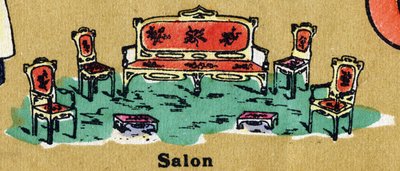 Un salón con sillón, sillas y reposapiés. Alfabeto ilustrado. Imágenes reunidas en Jarville-Nancy, principios del siglo XX. Dim: 40 x 29 cm. Litografía sobre fondo bistre de Unbekannt