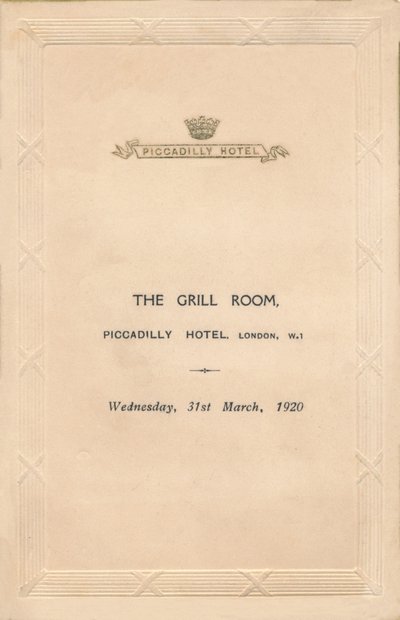 Un menú para The Grill Room del Hotel Piccadilly, Londres, 1920 de Unbekannt